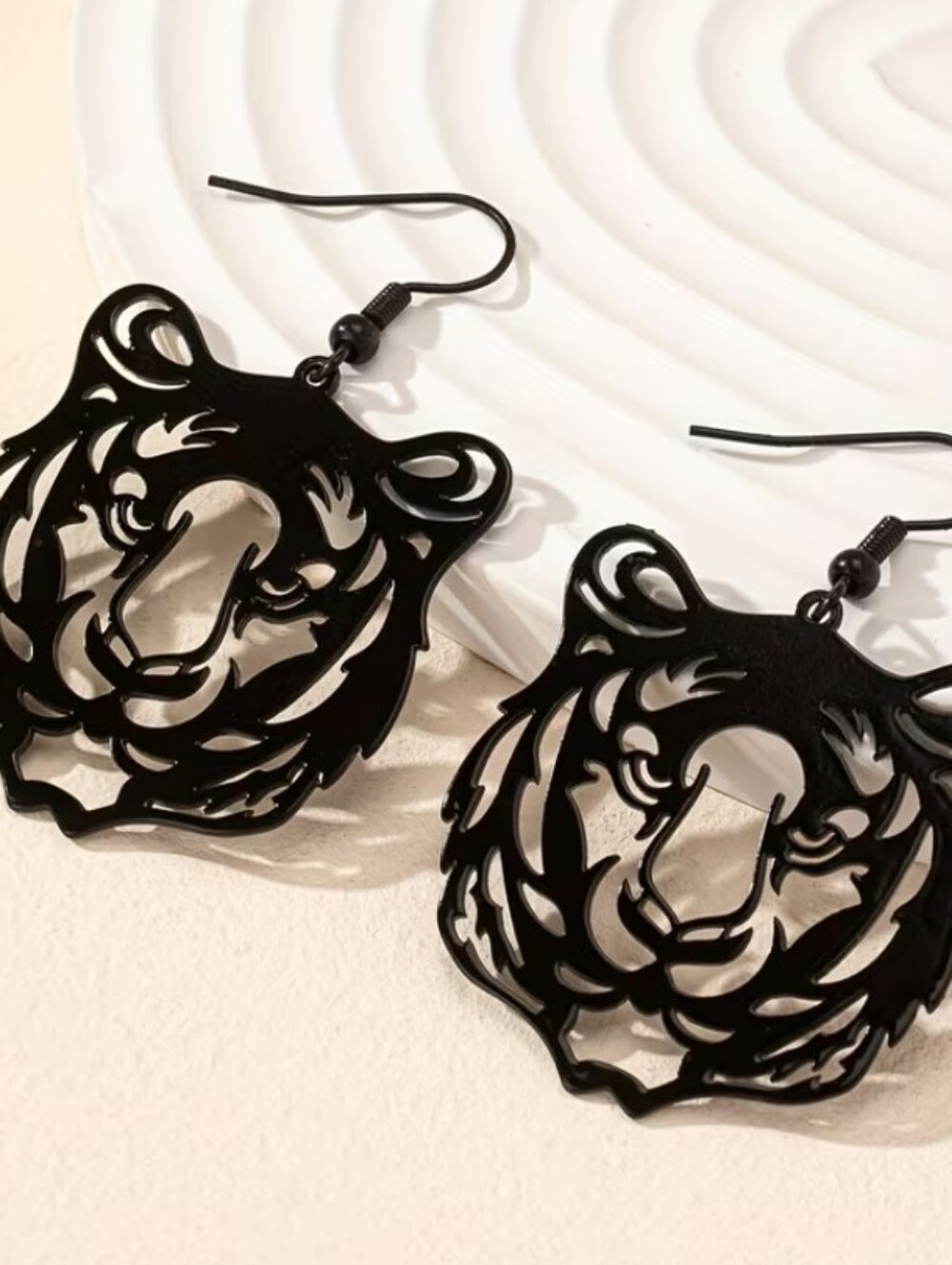 Black Laser-Cut Tiger Face Dangle Earrings